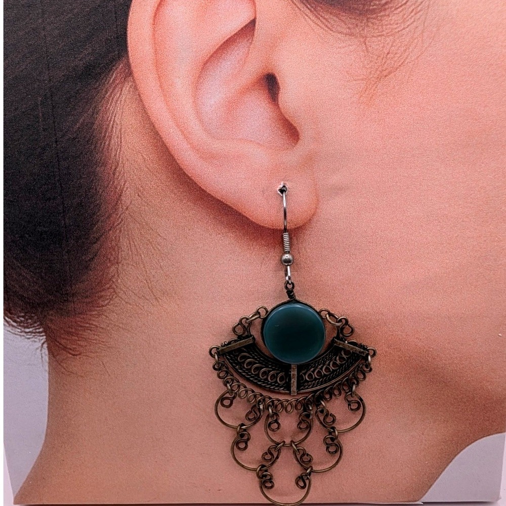 Vintage Green Cabochon‎ Chandelier Earrings Brass Tone Filigree Boho Statement